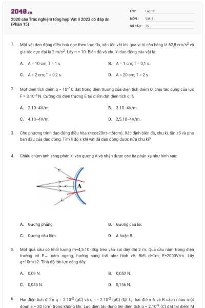 2020 câu Trắc nghiệm tổng hợp Vật lí 2023 có đáp án (Phần 15)
