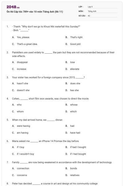 Ôn thi Cấp tốc 789+ vào 10 môn Tiếng Anh (Đề 11)