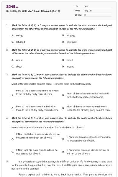 Ôn thi Cấp tốc 789+ vào 10 môn Tiếng Anh (Đề 13)