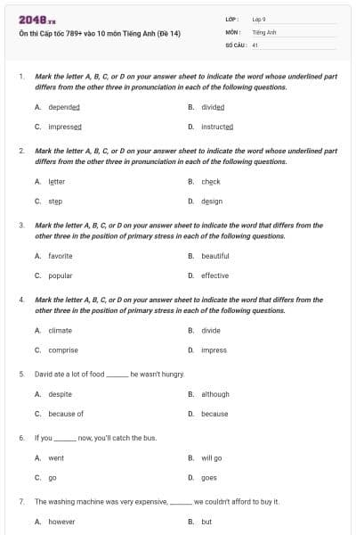 Ôn thi Cấp tốc 789+ vào 10 môn Tiếng Anh (Đề 14)