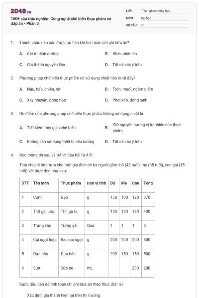 100+ câu trắc nghiệm Công nghệ chế biến thực phẩm có đáp án - Phần 3