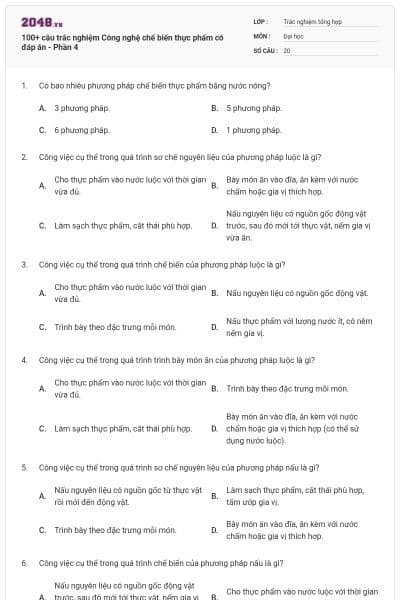 100+ câu trắc nghiệm Công nghệ chế biến thực phẩm có đáp án - Phần 4