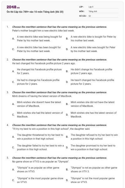 Ôn thi Cấp tốc 789+ vào 10 môn Tiếng Anh (Đề 20)