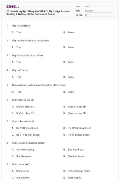 20 câu trắc nghiệm Tiếng Anh 5 Unit 3: My foreign friends-Reading & Writing- Global Success có đáp án