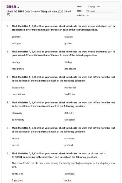Đề thi thử THPT Quốc Gia môn Tiếng anh năm 2020 (Đề số 12)