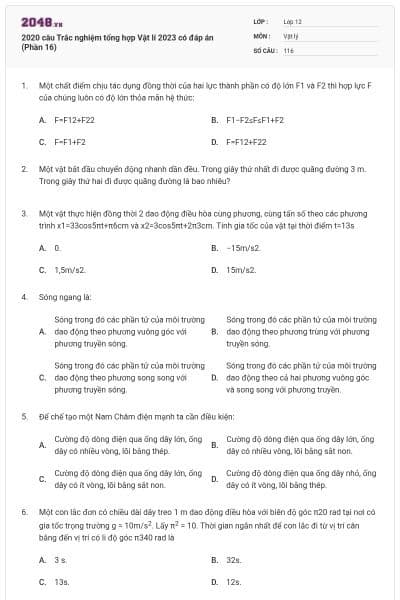 2020 câu Trắc nghiệm tổng hợp Vật lí 2023 có đáp án (Phần 16)