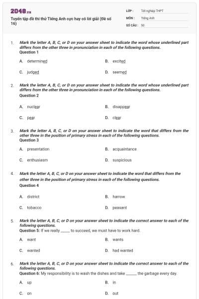 Tuyển tập đề thi thử Tiếng Anh cực hay có lời giải (Đề số 16)