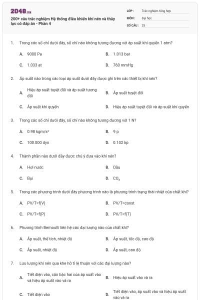 200+ câu trắc nghiệm Hệ thống điều khiển khí nén và thủy lực có đáp án - Phần 4