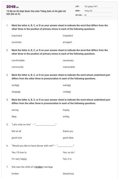 15 Đề ôn thi thpt Quốc Gia môn Tiếng Anh có lời giải chi tiết (Đề số 4)
