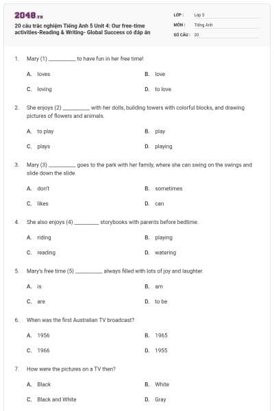 20 câu trắc nghiệm Tiếng Anh 5 Unit 4: Our free-time activities-Reading & Writing- Global Success có đáp án
