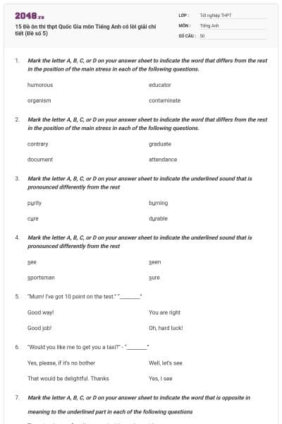 15 Đề ôn thi thpt Quốc Gia môn Tiếng Anh có lời giải chi tiết (Đề số 5)