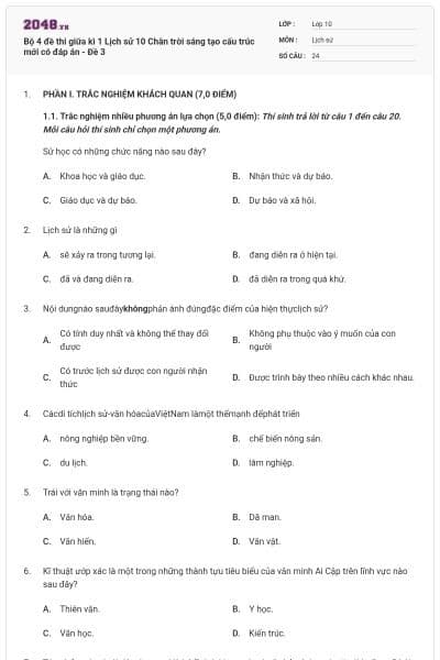 Bộ 4 đề thi giữa kì 1 Lịch sử 10 Chân trời sáng tạo cấu trúc mới có đáp án - Đề 3