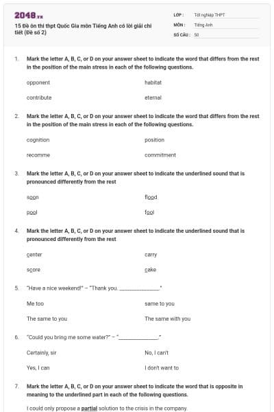 15 Đề ôn thi thpt Quốc Gia môn Tiếng Anh có lời giải chi tiết (Đề số 2)