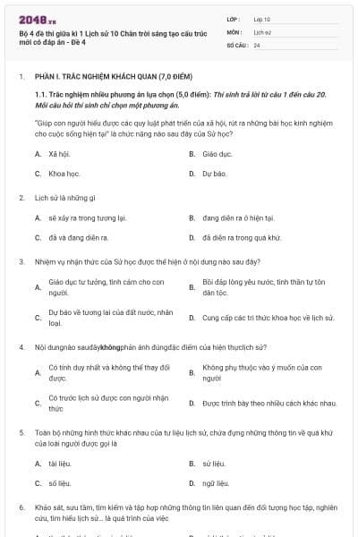 Bộ 4 đề thi giữa kì 1 Lịch sử 10 Chân trời sáng tạo cấu trúc mới có đáp án - Đề 4
