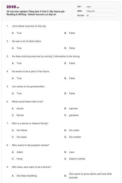 20 câu trắc nghiệm Tiếng Anh 5 Unit 5: My future job-Reading & Writing- Global Success có đáp án