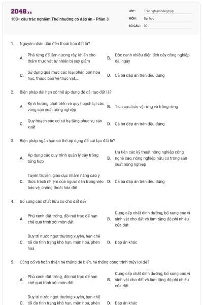 100+ câu trắc nghiệm Thổ nhưỡng có đáp án - Phần 3