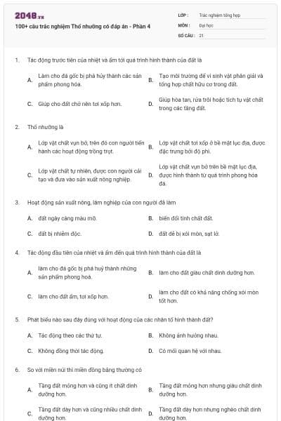 100+ câu trắc nghiệm Thổ nhưỡng có đáp án - Phần 4