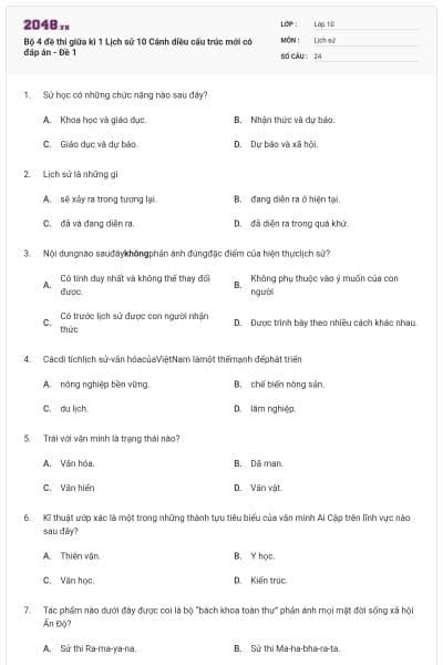Bộ 4 đề thi giữa kì 1 Lịch sử 10 Cánh diều cấu trúc mới có đáp án - Đề 1