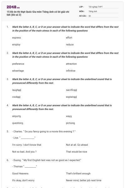 15 Đề ôn thi thpt Quốc Gia môn Tiếng Anh có lời giải chi tiết (Đề số 3)