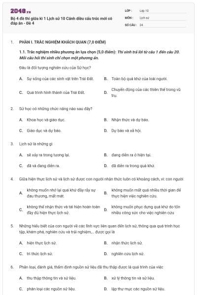 Bộ 4 đề thi giữa kì 1 Lịch sử 10 Cánh diều cấu trúc mới có đáp án - Đề 4