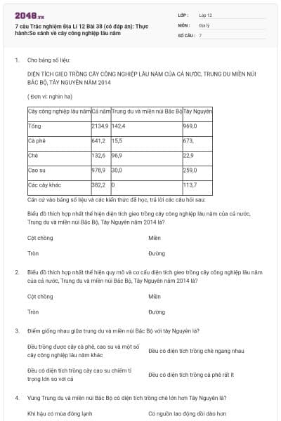 7 câu Trắc nghiệm Địa Lí 12 Bài 38 (có đáp án): Thực hành:So sánh về cây công nghiệp lâu năm