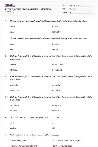 KỲ THI THỬ THPT QUỐC GIA NĂM 2019 MÔN TIẾNG ANH(P17)
