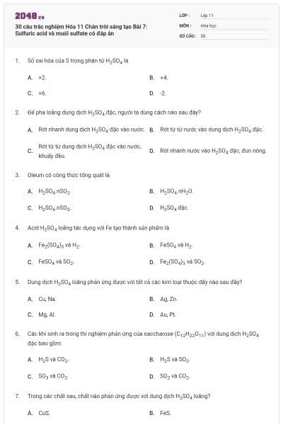 30 câu trắc nghiệm Hóa 11 Chân trời sáng tạo Bài 7: Sulfuric acid và muối sulfate có đáp án