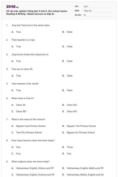 20 câu trắc nghiệm Tiếng Anh 5 Unit 6: Our school rooms-Reading & Writing- Global Success có đáp án
