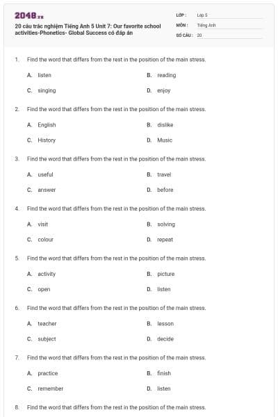 20 câu trắc nghiệm Tiếng Anh 5 Unit 7: Our favorite school activities-Phonetics- Global Success có đáp án