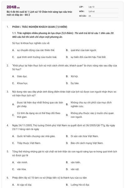 Bộ 4 đề thi cuối kì 1 Lịch sử 10 Chân trời sáng tạo cấu trúc mới có đáp án - Đề 2