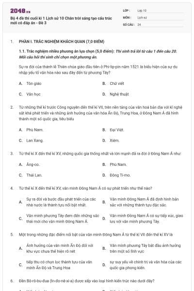 Bộ 4 đề thi cuối kì 1 Lịch sử 10 Chân trời sáng tạo cấu trúc mới có đáp án - Đề 3