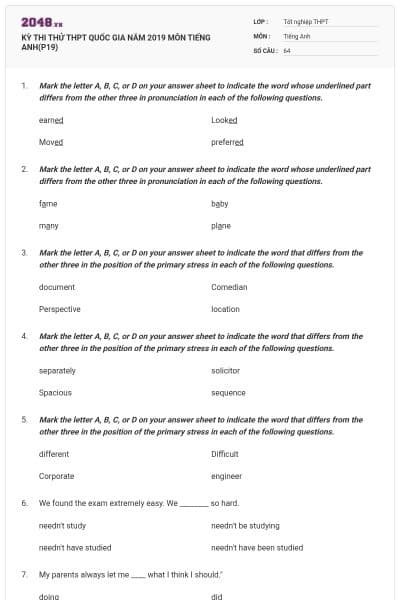 KỲ THI THỬ THPT QUỐC GIA NĂM 2019 MÔN TIẾNG ANH(P19)