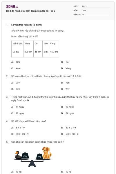Bộ 3 đề KSCL đầu năm Toán 3 có đáp án - Đề 2