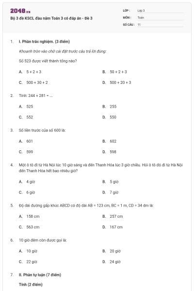 Bộ 3 đề KSCL đầu năm Toán 3 có đáp án - Đề 3