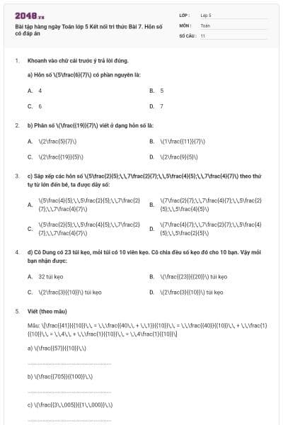 Bài tập hàng ngày Toán lớp 5 Kết nối tri thức Bài 7. Hỗn số có đáp án