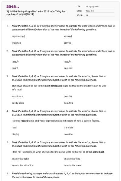 Kỳ thi thử thpt quốc gia lần 1 năm 2019 môn Tiếng Anh cực hay có lời giải(Đề 11)