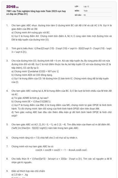 7881 câu Trắc nghiệm tổng hợp môn Toán 2023 cực hay có đáp án (Phần 81)