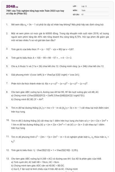 7881 câu Trắc nghiệm tổng hợp môn Toán 2023 cực hay có đáp án (Phần 82)
