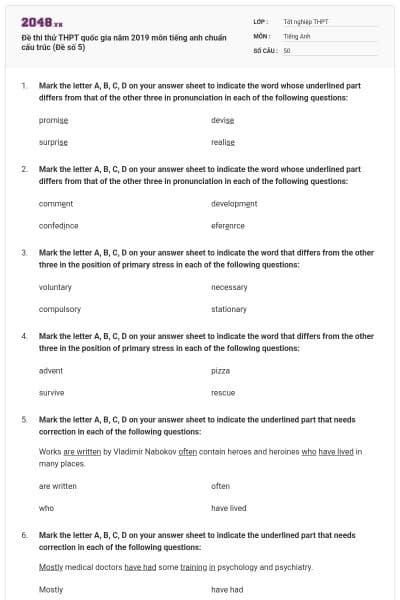Đề thi thử THPT quốc gia năm 2019 môn tiếng anh chuẩn cấu trúc (Đề số 5)