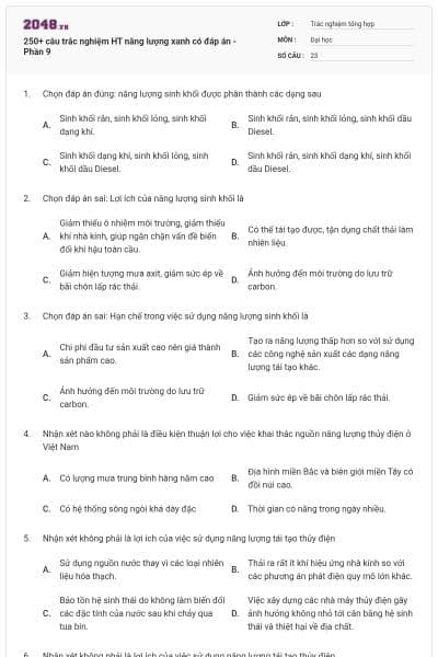 250+ câu trắc nghiệm HT năng lượng xanh có đáp án - Phần 9