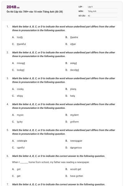 Ôn thi Cấp tốc 789+ vào 10 môn Tiếng Anh (đề 28)