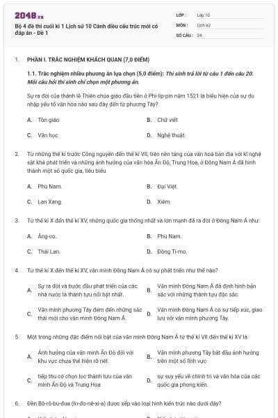 Bộ 4 đề thi cuối kì 1 Lịch sử 10 Cánh diều cấu trúc mới có đáp án - Đề 1