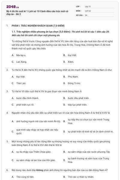 Bộ 4 đề thi cuối kì 1 Lịch sử 10 Cánh diều cấu trúc mới có đáp án - Đề 2