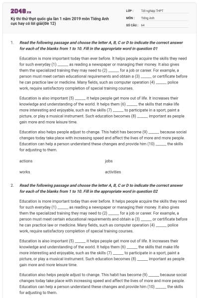 Kỳ thi thử thpt quốc gia lần 1 năm 2019 môn Tiếng Anh cực hay có lời giải(Đề 12)