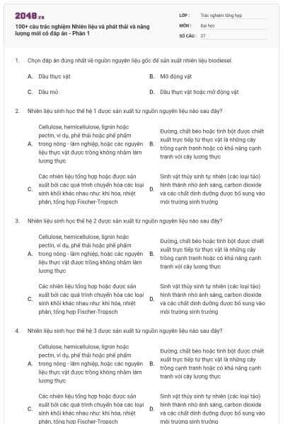 100+ câu trắc nghiệm Nhiên liệu và phát thải và năng lượng mới có đáp án - Phần 1