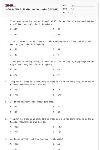 10 Bài tập Bài toán đếm liên quan đến hình học (có lời giải)