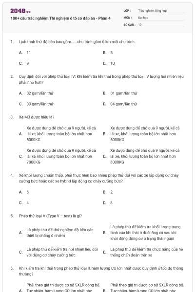 100+ câu trắc nghiệm Thí nghiệm ô tô có đáp án - Phần 4