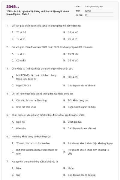 100+ câu trắc nghiệm Hệ thống an toàn và tiện nghi trên ô tô có đáp án - Phần 1