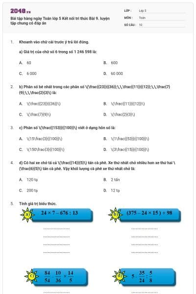 Bài tập hàng ngày Toán lớp 5 Kết nối tri thức Bài 9. luyện tập chung có đáp án