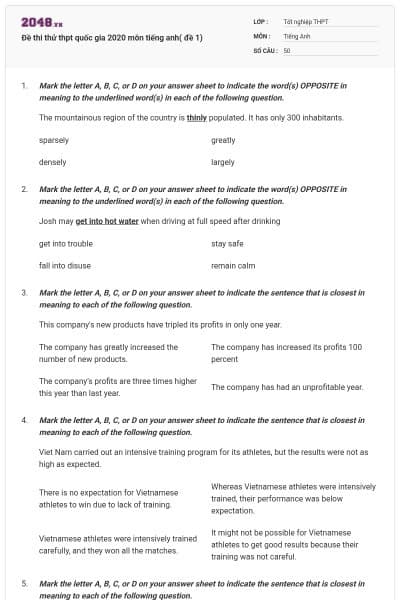 Đề thi thử thpt quốc gia 2020 môn tiếng anh( đề 1)